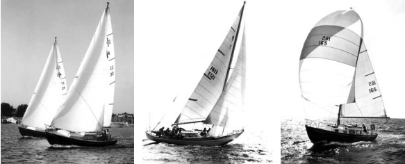 A pair of Columbia 24s, the boats that started it all, at far left; a Columbia 50, center; and at right, a Columbia 29, the first boat to be called a Columbia and the one for which the company was named.