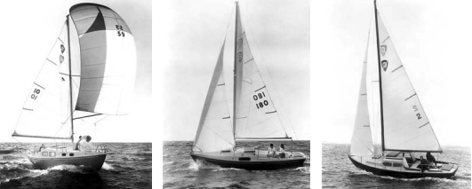 The 29-foot Defender, at far left, a raised-deck version of the C-29; the 24-foot Challenger, at center, a raised-deck version of the C-24; and the 24-foot Contender, at right, another version of the C-24 introduced later.