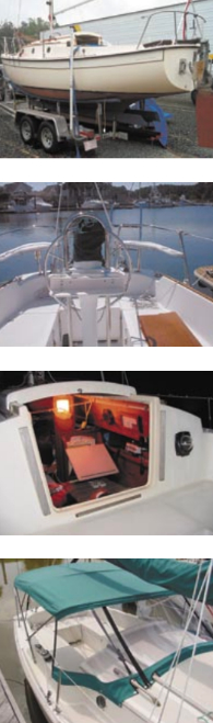 Photos from top: Steve Drakesmith’s 1985 Com-Pac 23, Jungle Love, rests on a trailer. He and his wife, Whitey, sail near New Smyrna Beach, Fla., with their children. The cockpit of John Schnoering’s 23. In the bottom two photos, a look at the interior and the Bimini of Trey Harris’ Vela, a 1987 model. Trey and his wife, Kat, sail with their family on Galveston Bay.