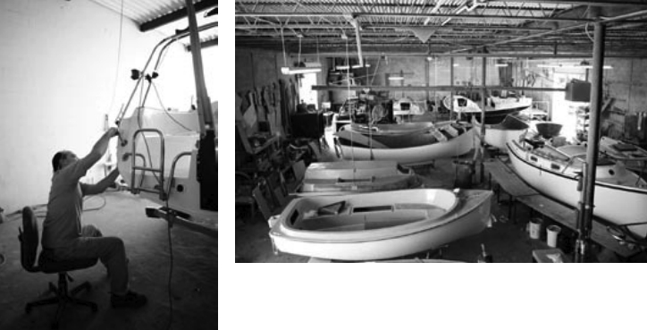 A worker at the Hutchins yard puts finishing touches on an Eclipse, at left. The company subcontracts the construction of the hulls, liners, and decks. The final assembly and all finishing work, such as deck fittings and cabinetwork, is done at the Hutchins facility in Clearwater, Florida, shown above.