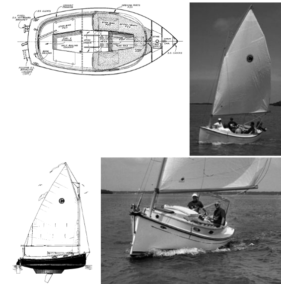 The 17-foot 4-inch Sun Cat, shown above, and 20-foot Horizon Cat, shown below, were introduced in 2000 and 2002, respectively. Together with the 14-foot Picnic Cat, this trio of shoal-draft sailboats has great appeal among cat-boat lovers.