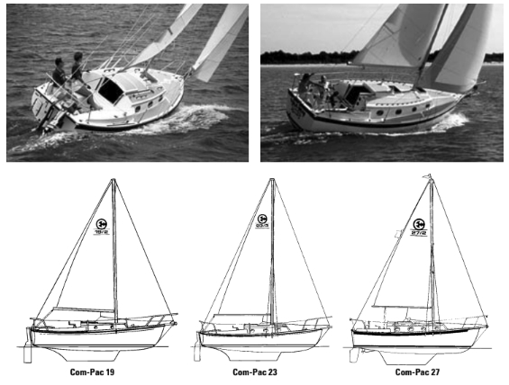 Above left on facing page, the Com-Pac 23, a Clark Mills design launched in 1979, and the 27, a Bob Johnson design launched in 1985, are still in production. The Com-Pac 16, to left above, and 19, on facing page below, are no longer in production, although 3,000 of the 16-footers and 624 of the 19-footers were built before their runs ended.