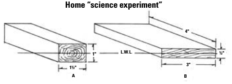 Make waves in your bathtub. Both wood blocks have the same displacement. Note how B, having twice the “beam,” will be more stable and will have a quicker motion when a wave passes under it.