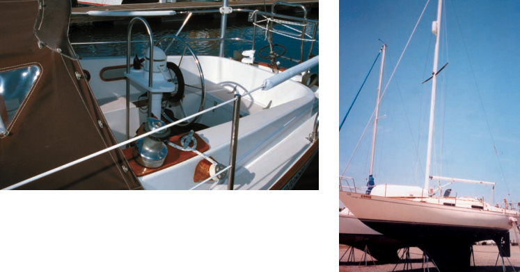 The Contessa has a long and comfortable cockpit with coamings and a strong bridge deck. Most owners opted for a wheel, such as the one shown above left on Allan Hodge’s Contessa, although a tiller was offered as standard equipment. Sidedecks are wide, providing access to the foredeck. As pretty out of the water as on it, Ceres, above right, shows a fin keel which is quite large in area by today’s standards, extending a long way fore and aft.