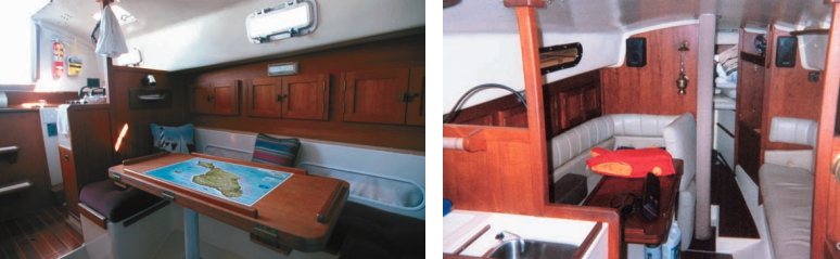 Headroom in the Contessa varies from 6 feet 1 inch to about 5 feet 10 inches. Views here are of Gerry and Allan Hodge’s Contessa, at left, and Richard Whitehouse’s Ceres, at right. Both are J. J. Taylor boats and show that builder’s trademark fiberglass interior moldings trimmed with wood.