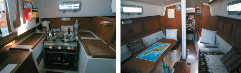 The interior of Contessa shows a U-shaped galley to port and a main saloon with a narrow double-berth to port and a single to starboard. A dedicated navigation table is opposite the galley. Allan says, “It’s sparse below, but easy to keep clean, and everything you want always seems to be where it should be.”