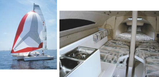 She’s lightweight, so she’ll go in light air, above, and plane in a blow. Accommodations are not luxurious, however, at right. The Porta Potti is beneath the port bunk. The galley is very simple. Headroom is for stooping or crawling only.