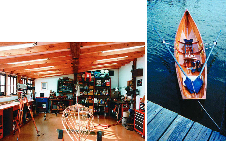 A boat in the shop will eventually evolve into a beautiful and useful finished craft such as the one on the facing page.