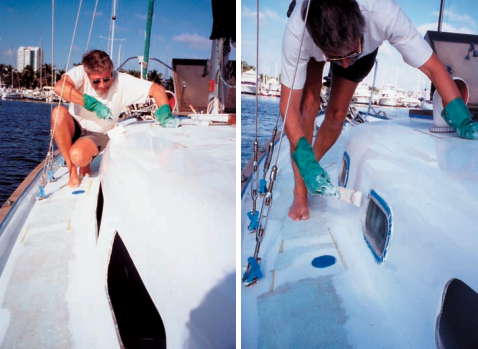 The payoff: painting the deck rolling, at left, and tipping, at right.