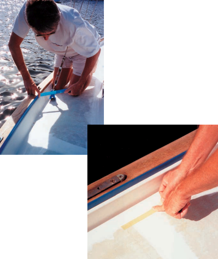 When masking toerails and hardware, blue Long Mask is a good choice, above, but use only Fine Line tape for dividing the deck surface into sections, at right. BUT WAIT! Don’s not going to get any paint on that Good Old Boat T-shirt we hope!