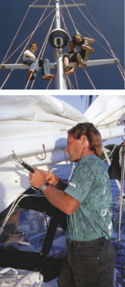 Good rigging, above, might save your life. The Martin children, raised on a boat, have no qualms about going aloft. Fixing the boat yourself not only saves money, it builds confidence. Dave does his own work, at right.