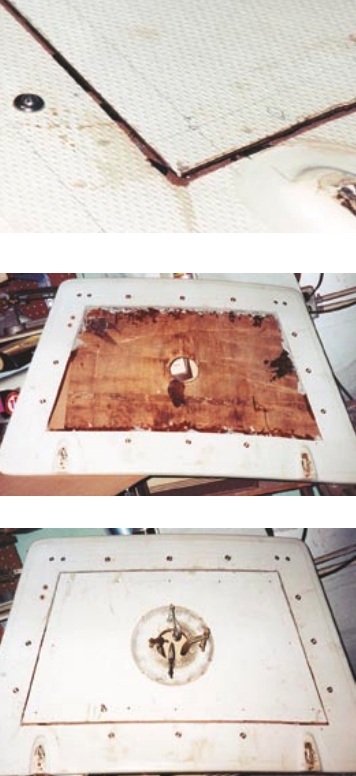 The job begins with a router cut, above, to allow for the removal of the top fiberglass layer. Next, the fiberglass skin is peeled back and the wet core is removed, at center, ready for a replacement layer of Masonite. While curing, the repair is clamped through the center hole, bottom.
