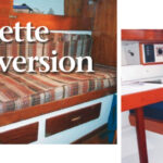 A bench-style settee, at left, becomes a dinette, below. In making the change Jack Higgins eliminated the gaggle of feet normally found in the passageway on Sunrise, his Cheoy Lee Offshore 31. He also created comfortable seating for his family and (wonder of wonders!) found some hidden storage space.