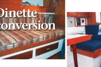 A bench-style settee, at left, becomes a dinette, below. In making the change Jack Higgins eliminated the gaggle of feet normally found in the passageway on Sunrise, his Cheoy Lee Offshore 31. He also created comfortable seating for his family and (wonder of wonders!) found some hidden storage space.