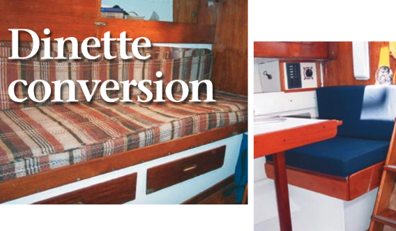 A bench-style settee, at left, becomes a dinette, below. In making the change Jack Higgins eliminated the gaggle of feet normally found in the passageway on Sunrise, his Cheoy Lee Offshore 31. He also created comfortable seating for his family and (wonder of wonders!) found some hidden storage space.