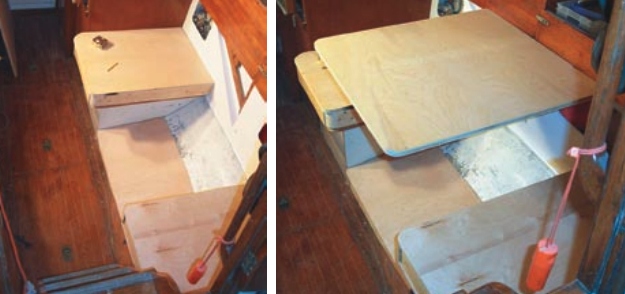The dinette with seating, at left, and with table added, at right. After making computerized drawings of the available space, there is still a chance for modifications to the table height and floor level at this point. A trial is a good idea, using real people rather than digital representations.
