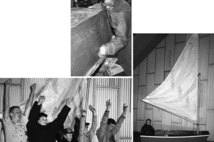 Above, Marty Hile gets to know every inch of an El Toro-type dinghy. Pride of workmanship: Wyatt Larsen, John Iafrati, Andrew Hennis (the winner of the refinished boat), Marty Hile, Mark Hobbs rejoice in their accomplishment, at left. Andrew Hennis, far right, with his first prize. Andrew sold more than $1,000 worth of popcorn.