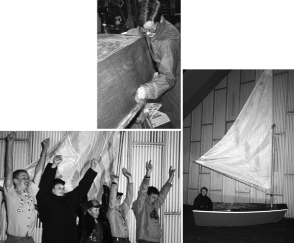 Above, Marty Hile gets to know every inch of an El Toro-type dinghy. Pride of workmanship: Wyatt Larsen, John Iafrati, Andrew Hennis (the winner of the refinished boat), Marty Hile, Mark Hobbs rejoice in their accomplishment, at left. Andrew Hennis, far right, with his first prize. Andrew sold more than $1,000 worth of popcorn.