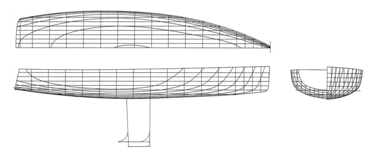 Wild Thing: The lines show a typical ultra-light with wide beam carried well aft. Her displacement/length ratio of 87 on a 59 foot LWL enabled her to exceed 20 knots on many occasions.