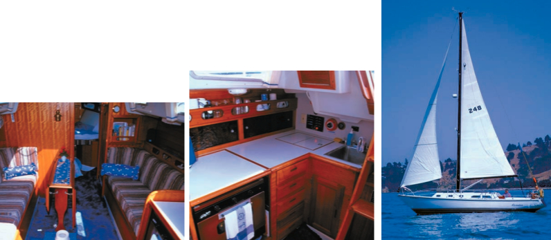 Interior views of Hideaway. Owned by Dudley and Patricia Hattaway, she’s got a tall rig and is still awaiting a larger mainsail. Alexandria, on facing page, is owned by George Blackman.