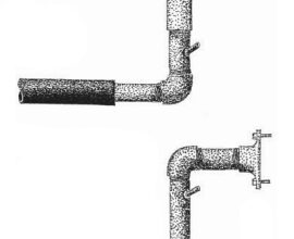 Original pipe configuration, above. An improved configuration would eliminate the middle connector and locate the injection point higher on the pipe.