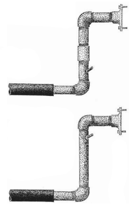 Original pipe configuration, above. An improved configuration would eliminate the middle connector and locate the injection point higher on the pipe.
