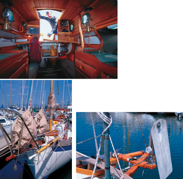 Ron Walton peeks into Mijita, above. At left and below, stem to stern, Mijita is shippy and seaworthy. Ron is the editor of the newsletter for owners and lovers of these Lyle Hess- designed sailboats, the Falmouth Cutter News. Check his website and also that of the Sam L. Morse Company.