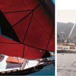 On the facing page, Ron Walton and Dieter Loibner sail Ron’s Falmouth Cutter, Mijita, in San Francisco Bay. At right, Keith Smith gets acquainted with his brand-new Falmouth Cutter in this photo, taken in 1995 in Avalon on Catalina Island shortly after taking delivery in Costa Mesa, Calif. She was christened Maid of Slapton.