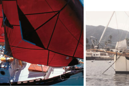 On the facing page, Ron Walton and Dieter Loibner sail Ron’s Falmouth Cutter, Mijita, in San Francisco Bay. At right, Keith Smith gets acquainted with his brand-new Falmouth Cutter in this photo, taken in 1995 in Avalon on Catalina Island shortly after taking delivery in Costa Mesa, Calif. She was christened Maid of Slapton.