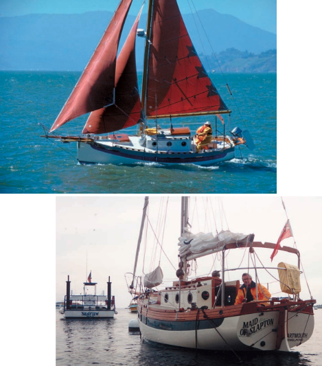 Ron Walton sails on San Francisco Bay, above. Keith Smith at anchor off Catalina Island, at left. Keith says, “Seven years after launching my Falmouth I am as enthusiastic about her as I was back in March 1995.”