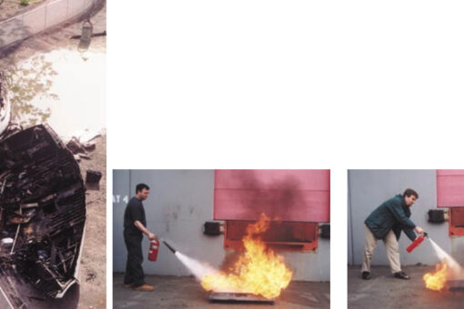 A fire aboard can have serious consequences, above. Adequate, nearby fire extinguishers can help you stop the flames before they destroy your boat. At right, Keith Burke of DBC Marine Safety Systems demonstrates the use of a CO2 extinguisher, and author Simon Hill gives it a go with reassuring results.