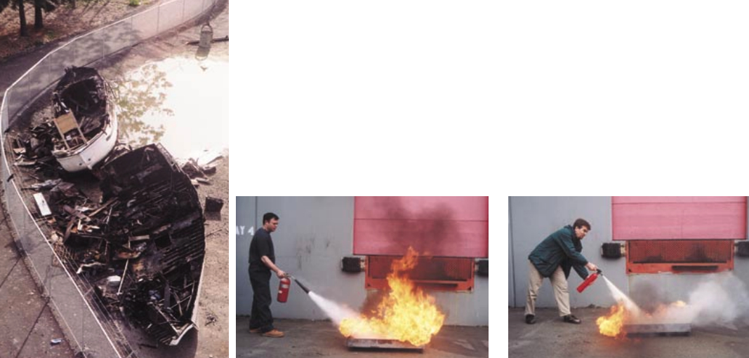 A fire aboard can have serious consequences, above. Adequate, nearby fire extinguishers can help you stop the flames before they destroy your boat. At right, Keith Burke of DBC Marine Safety Systems demonstrates the use of a CO2 extinguisher, and author Simon Hill gives it a go with reassuring results.