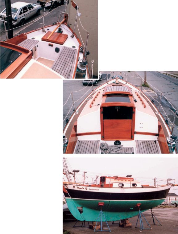 The Ezzells’ Blackberry is almost as pretty out of the water as she is in her element. Notice the aft samson post at left, the aft lazarette, and the tiller sweep. The mainsheet attaches to the bridgedeck, center. At bottom, Blackberry, previously known as the Pearla B, shows off her Chuck Paine lines.