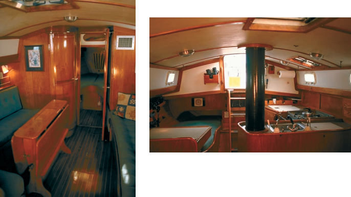 Wastrel’s interior is sumptuous. Even here, however, the traditional sailor realizes that this boat has a very different kind of rig. The main mast is in the bow, the mizzen is two thirds of the way aft.