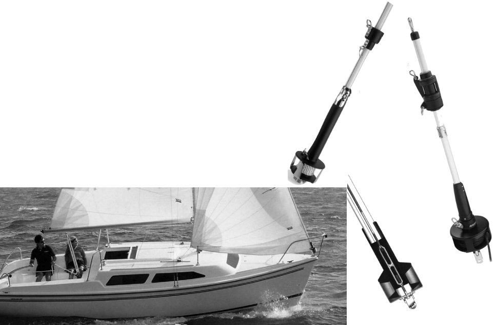 Opposite page, a Catalina sails with a CDI Flexible Furler. Furlers, this page clockwise from top left: Schaefer’s Snap Furl, Harken’s Unit 1, and CDI’s Flexible Furler.