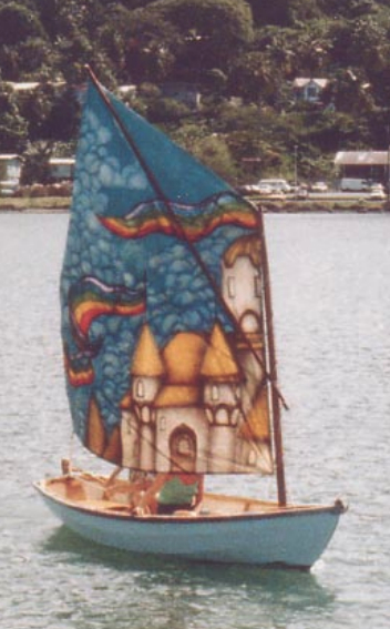 Gandy Dancer’s second painted sail, in The Lagoon, Grenada, Lesser Antilles, 1983.
