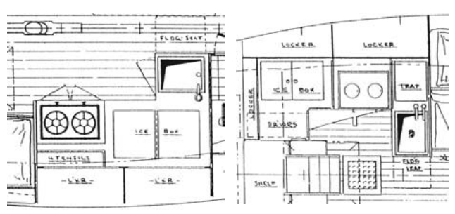 Quarter berths port and starboard on the 32-footer, at left, force the galley to be fitted amidships, along the starboard side. A starboard quarter berth force the galley to port but works well on the 32-foot cutter, at right, allowing the cook to squeeze out of the line of scalding spills.