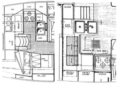 The U-shaped galley of the 38, at left, is typical of many, but the cook had better wear foul weather gear in any heavy sea or risk a scald. The galley on the 44, at right, shows the advantage of size: safety, convenience, and stowage.