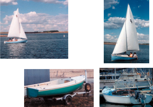 Bruce Hammann’s 14-foot Javelin, above. Jim Adensam’s 16-foot 9-inch Day Sailer, on facing page above, and also on Page 33. On facing page below, Eric Schoenberg’s Rhodes 19.