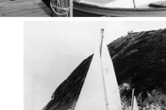 Tom Gillmer and his current boat, a 30-foot version of his Blue Moon design. The Allied Seawind, Apogee, below, leaving Cape Town, South Africa, on the last leg of her circumnavigation. Alan Eddy at the helm.