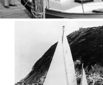 Tom Gillmer and his current boat, a 30-foot version of his Blue Moon design. The Allied Seawind, Apogee, below, leaving Cape Town, South Africa, on the last leg of her circumnavigation. Alan Eddy at the helm.