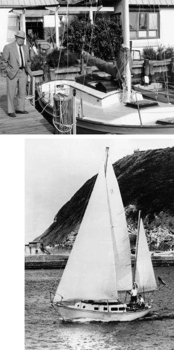 Tom Gillmer and his current boat, a 30-foot version of his Blue Moon design. The Allied Seawind, Apogee, below, leaving Cape Town, South Africa, on the last leg of her circumnavigation. Alan Eddy at the helm.