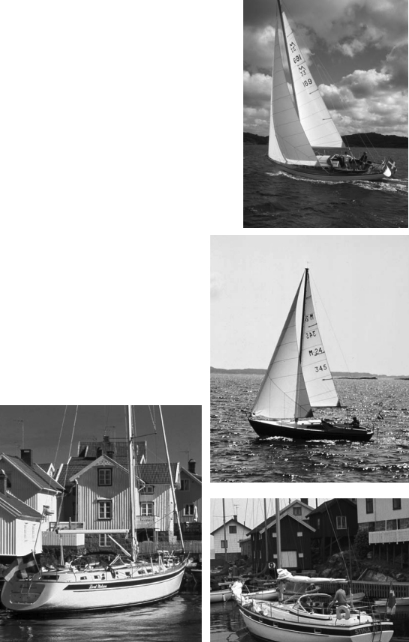 After converting from wood to fiberglass, Harry Hallberg built a number of popular sloops, beginning in 1963. Once Christoph Rassy bought Hallberg’s yard, the Misil 24 (now the HR Misil II) and the Mistral 33 were built under the name Hallberg-Rassy. The HR 43, at left, is a recent German Frers design with the HR trademark blue hull stripe and teak decks. The Mistral 33, top right, was built alongside the Misil 24, center right. Both are Olle Enderlein designs. The HR 38, bottom right, was built between 1977 and 1986, and numbers 210 hulls.
