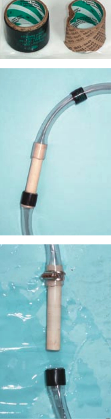 The cardboard tubes inside the hose clamps, shown at top, must remain in place until the hose clamp is used. The original test setup, middle, and the salvaged test with a stainless-steel clamp, above. This test also failed.