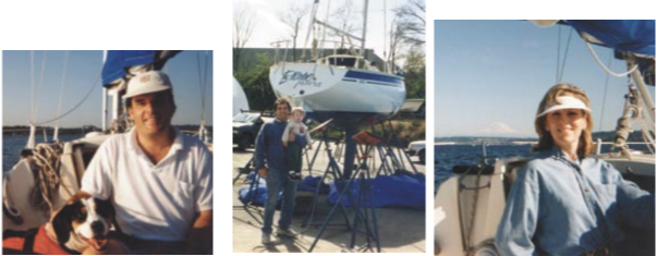 George’s sometime crew beginning on opposite page below: Whidbey, a beagle and pointer mix, on facing page; Ryan, 5, at left; and Maggie, below right. Please note that Maggie’s sailing. And smiling! That must bode well for George.