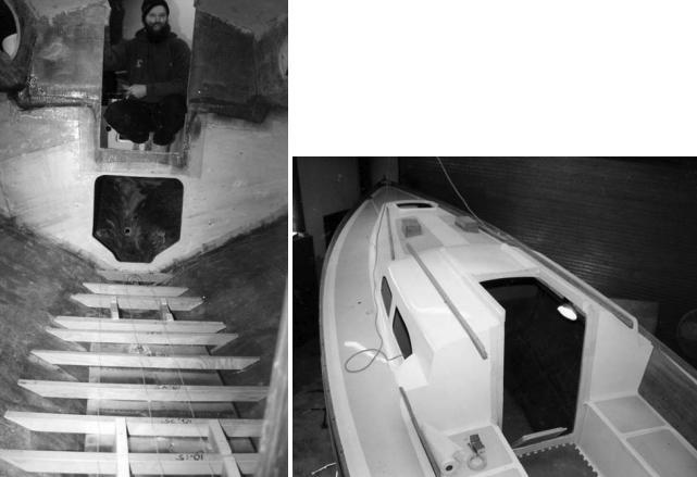 Dave Fox surveys the newly installed floor beams in the gutted interior, at left. The deck of the Hinckley has been refinished, at right, and undamaged teak that could be salvaged has been refurbished. Where necessary, new teak has been installed.