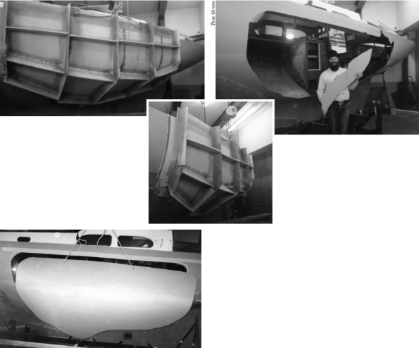 A wooden mold is made around the damaged section of the hull, top left and inset. Dave Fox, Tom’s friend and helper, top right, stands next to the hole in the port side where the fiberglass has been cut back to solid laminate. The new section of the hull, at left, laid up in the mold, is lifted into place.
