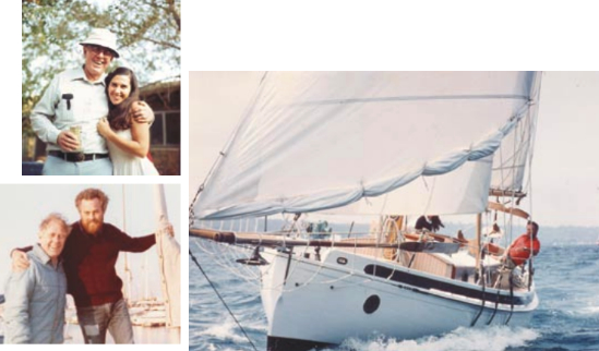 Lye shares a laugh with Lin Pardey, at top, during a break in Taleisin’s construction in 1982. Lyle and Larry Pardey, above, aboard Seraffyn in 1976. After years of cruising Seraffyn, the Pardeys decided they wanted a somewhat larger boat and commissioned Lyle to design Taleisin, at right. Just under 30 feet, she’s sailing off San Diego in 1984.