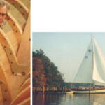 Godspeed, Mark Gearhart’s handsome Bristol Channel Cutter designed by Lyle Hess, dries her sails after a run down Chesapeake Bay from Annapolis, Maryland, to Reedville, Virginia, at right. Lyle Hess, facing page, inspects the ribs of Lin and Larry Pardey’s Taleisin, 1983.