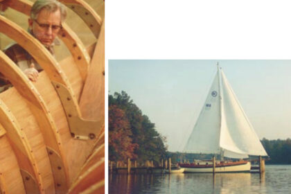 Godspeed, Mark Gearhart’s handsome Bristol Channel Cutter designed by Lyle Hess, dries her sails after a run down Chesapeake Bay from Annapolis, Maryland, to Reedville, Virginia, at right. Lyle Hess, facing page, inspects the ribs of Lin and Larry Pardey’s Taleisin, 1983.